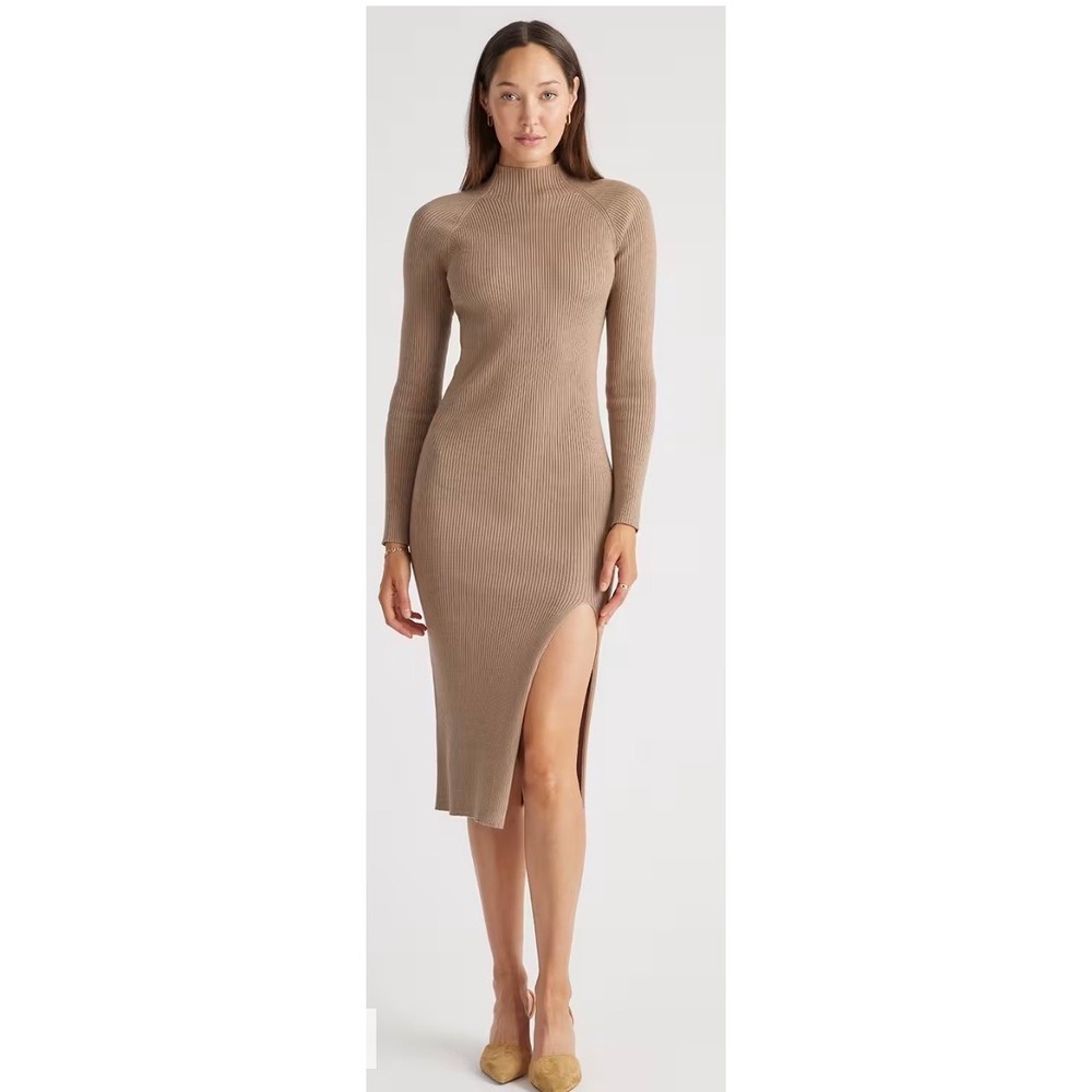 Quince Midi Sweater Dress M Long Sleeve Side Slit Mock Neck Quiet Luxury NWT